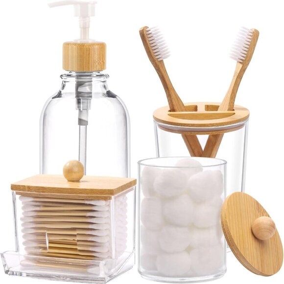 Bamboo Bathroom Accessories Set 4 Pcs - Clear Toothbrush Holder Plastic Soap Dis - Picture 1 of 8